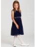 Navy Blue Chiffon Beaded Knee Length Flower Girl Dress 